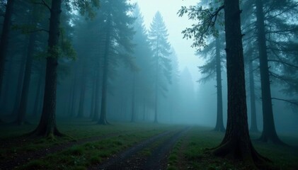 Obraz premium Dense fog in the forest environment surrounding tree trunks, misty, scenery