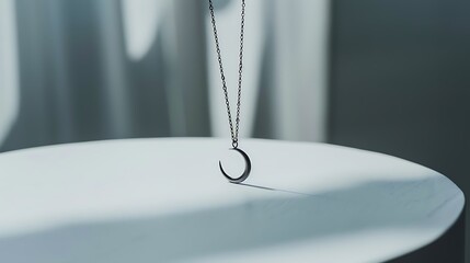A minimalist necklace with a crescent moon pendant, displayed on a white surface.