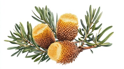 Obraz premium Stunning Banksia Flowers: A Close-Up of Three Golden Banksia Blossoms