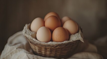 Warm basket filled with various eggs, showcasing natural texture