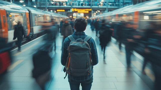 A lone traveler with their back to the camera, standing in an busy train station platform surrounded by people moving fast and blurred out of focus. Ai generated