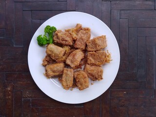 indonesian golden crispy fried meat filled tofu called tahu bakso