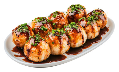 Delicious dumplings served on a white platter, cut out - stock png.
