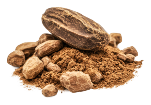 Cocoa powder and beans stacked up, cut out - stock png.