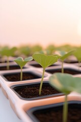 Green seedlings emerging from soil in neat rows, basking in soft