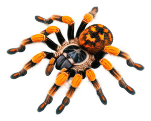 Colorful tarantula on display indoors, cut out - stock png.