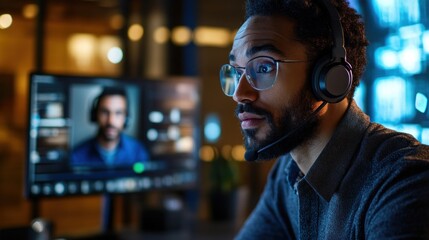 Fototapeta premium Nighttime Tech Support: Focused Professional on Video Conference