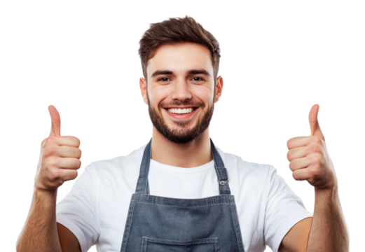 Smiling chef gives thumbs up in kitchen setting, cut out - stock png.
