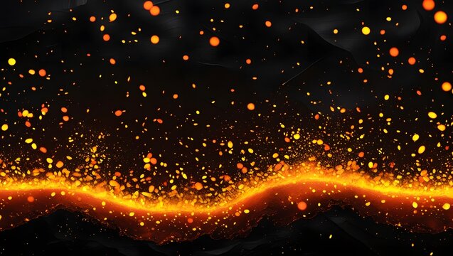 A dark background speckled with vibrant, glowing orange and yellow particles resembling embers, creating a sense of warmth and depth against the black backdrop.