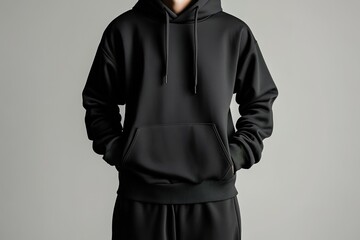 Stylish Black Hoodie and Pants Set Against a Simple Background
