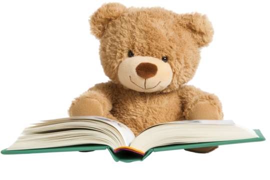 Reading teddy bear home image with transparent background cozy environment close-up view playful concept