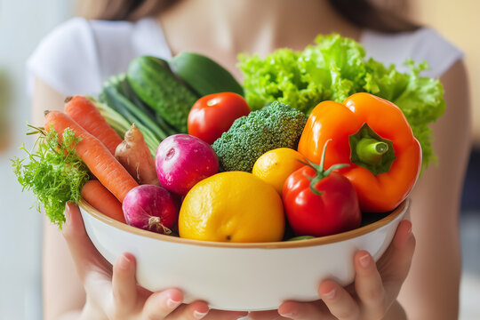 Healthy woman holding healthy food bowl. Healthy lifestyle, world food day and vegan food concept. generatived ai.