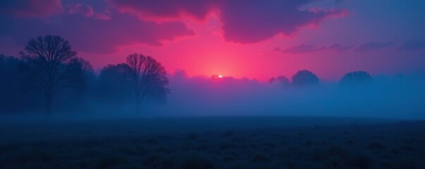 Fototapeta premium Dense fog rolls in with blue red smoke on a dark landscape, twilight, mystery
