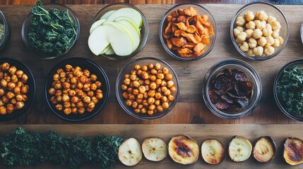 A display of healthy snacks like roasted chickpeas, kale chips, and apple slices on a textured wooden surface.