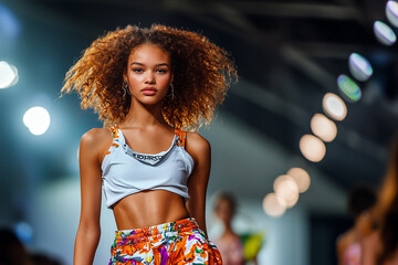 A confident African woman walks the runway in a high-end fashion show, wearing a sports bra. A young black model demonstrates sportswear, waist up portrait. AI-generated