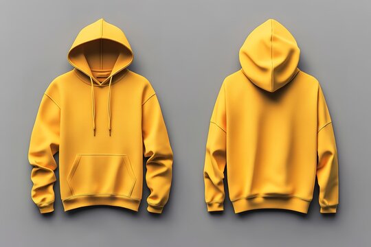 Front and back view of a vibrant yellow hoodie mockup.