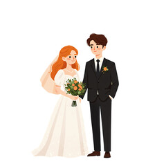 Cartoon Wedding Couple with Bride in White Dress and Groom in Black Suit Vector Art
