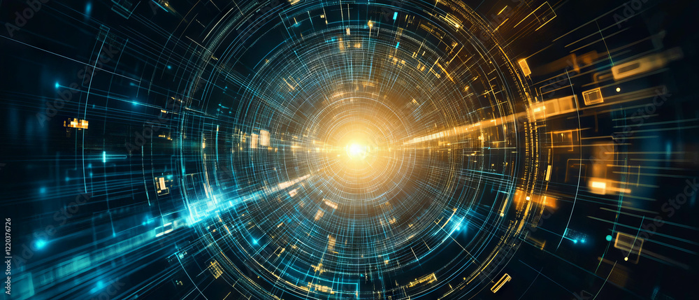 Poster circular data waves expand with vibrant pulses in a technological setting