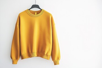 Stylish mustard yellow sweatshirt hanging on a hanger.