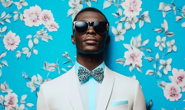 Stylish African Man in Sunglasses and Bow Tie with Blue Floral Background, Contemporary Pop Art Portrait, Generative AI - Powered by Adobe