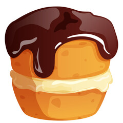 Authentic Boston Cream Pie Cupcake. Sponge Cake with Vanilla Custard Filling and Chocolate Glaze on Top. Confectionery Pastry Vector Art