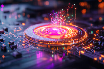 Holographic Quantum Circuitry &ndash; A futuristic quantum circuit glowing with neon colors, showcasing intricate quantum states and entanglement patterns in a dark, high-tech setting