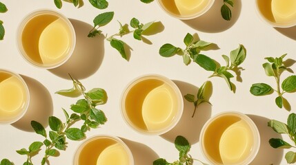 Fototapeta premium A minimalist flat lay of fresh herbal teas in small cups surrounded by loose tea leaves.
