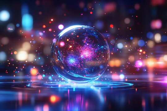 Holographic Quantum Particle Display – A futuristic holographic particle display showcasing quantum particles in various states of motion, entanglement, and superposition with glowing effects