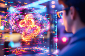 Holographic Quantum Research - Scientist analyzing floating holograms of quantum particles, equations, and energy fields, with advanced technology visualizing quantum research
