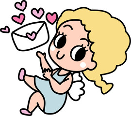 Cupid angel with love letter heart hand drawn cartoon
