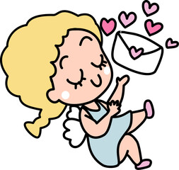 angel with love letter  and hearts hand drawn valentines cartoon 