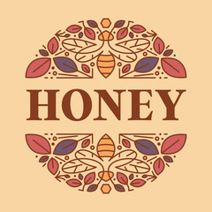 Honey Bee Logo design concept badge. With bee nature and leaf. Honey Brand