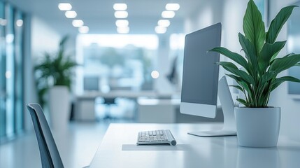 Fototapeta premium Modern Office Workspace with Computer and Indoor Plant Decor