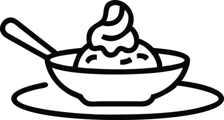 Bowl of ice cream, simple line drawing, black and white illustration, minimalist design, single scoop, whipped cream topping, dessert spoon, dish on saucer, cartoon style, clean lines, vector graphic,