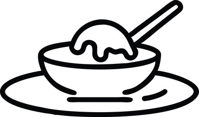 Bowl of ice cream, simple line drawing, black and white illustration, minimalist design, single scoop, whipped cream topping, dessert spoon, dish on saucer, cartoon style, clean lines, vector graphic,