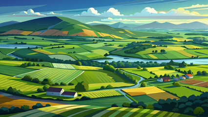 Aerial view of endless lush pastures and farmlands of Ireland. Beautiful Irish countryside with emerald green fields and meadows.