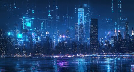 Cyberpunk Cityscape: Futuristic Urban Night, Glowing Skylines, Digital Overlays,  Neon Lights Reflecting on Water,  Modern Architecture at Night.