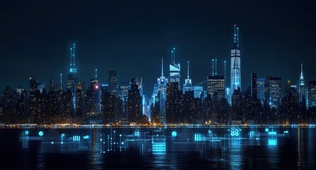 Smart City at Night:  Digital Networks Illuminate Urban Skyline, Transforming Cityscapes with Technology.