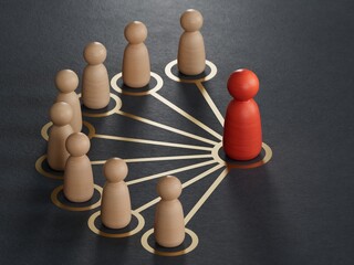 Obraz premium All for one. Teamwork. It is a stick figure.Organized groups managed by a leader.Leadership with business success concept.3D rendering on black background.