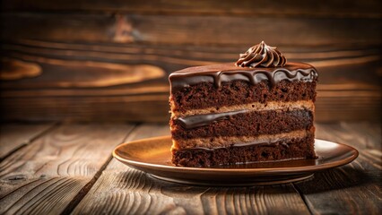 Indulgent chocolate cake with rich ganache frosting and decadent layers atop a wooden table set against a warm, soft focus background, warm background, dessert plate