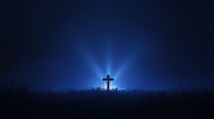 Fototapeta premium Good Friday banner with dark blue and black color gradation, in the middle there is a cross with a crown of thorns on it, small rays of light emanating from behind the cross, Ai generated images