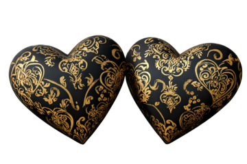 Elegant black and gold decorative hearts with intricate patterns on a white background.,vanlentine day,cut out