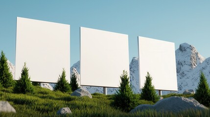 clean energy renewable marketing concept. Three blank billboards in a green landscape with mountains in the background.