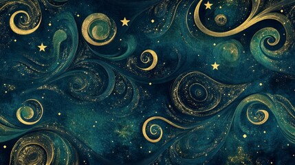 A dark blue background with swirling patterns of green and gold glitter, resembling the night sky filled with stars.