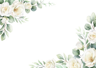 Watercolor vector corner border frame. Green eucalyptus leaves and white roses. Greenery clipart for wedding invitation, greeting cards, save the date, stationery design. Hand drawn illustration.