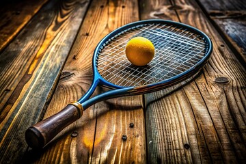 Rustic Squash Racket and Ball on Wooden Background - Vintage Sports Still Life