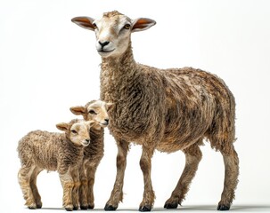Fototapeta premium A Charming Scene of a Sheep and Two Adorable Lambs Displaying Warmth and Innocence on a Bright Background, Perfect for Nature or Farm-Themed Projects