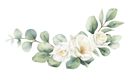 Watercolor vector wreath of ivory rose, sage green foliage, greenery and eucalyptus leaves. Floral background. Perfect for wedding, greetings, wallpapers, fashion, fabric. Hand painted illustration.