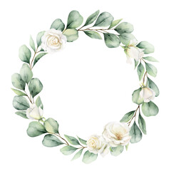 Watercolor vector frame of white rose, sage green foliage, greenery and eucalyptus leaves. Floral background. Perfect for wedding, greetings, wallpapers, fashion, fabric. Hand painted illustration.