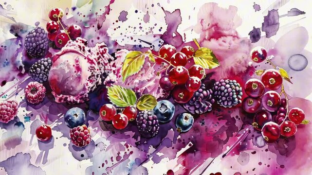Delicious summer dessert, ice cream with strawberries, raspberries, currants, blueberries. Watercolor illustration of vanilla ice cream with berries. Colorful summer background